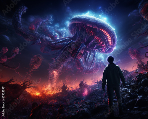 Science Fiction Szene - außerirdisches Wesen begegnet Menschen
