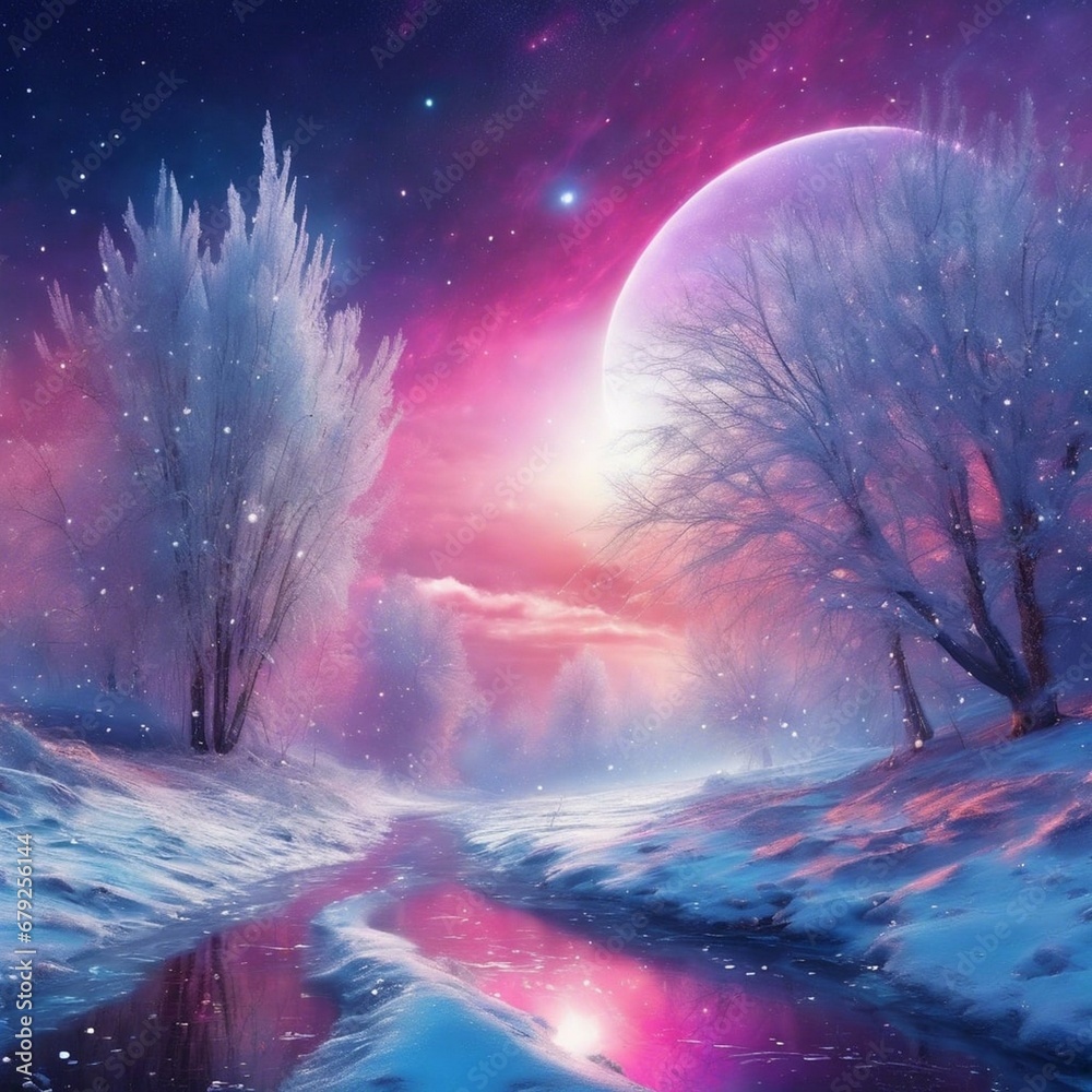 stunning romantic mysterious winter space landscape, intense, futuristic, stylized, fantastic, detailed, high resolution