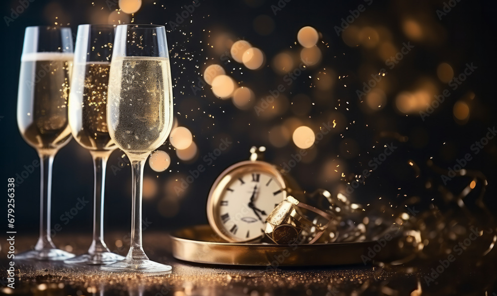 Fototapeta premium Happy new year background with champagne and a clock, count down to new year
