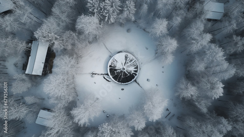 Winterwunderland mit schneebedeckten Bäumen und sanften Wolken, Weihnachten