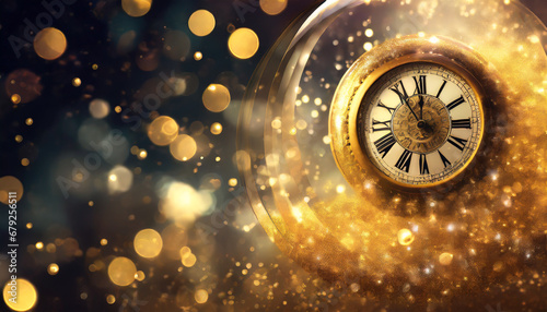 Vintage clock face over golden bokeh background. New Year concept - AI generated illustration