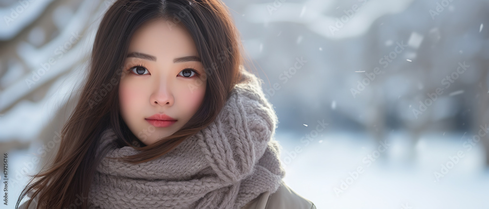 Image of an woman in the winter, with japanes winter landscape bokeh in the background, with empty copy space Image of an woman in the winter, with japanes winter landscape bokeh in the background, with empty copy space