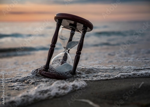 a hourglass standing on the sand by the beach at sunset Fototapet