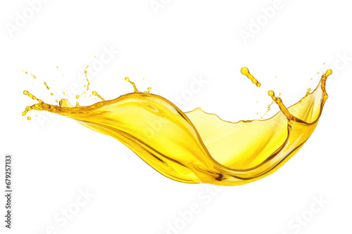 Narrow yellow oil splash in the air on a cutout PNG transparent background