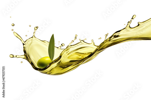 Isolated Olive oil splash in the air with an olive and an olive leaf on a cutout PNG transparent background photo