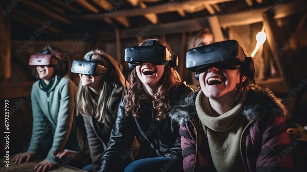 Friends wearing VR headsets, immersed in virtual reality gaming, sharing excitement and smiles