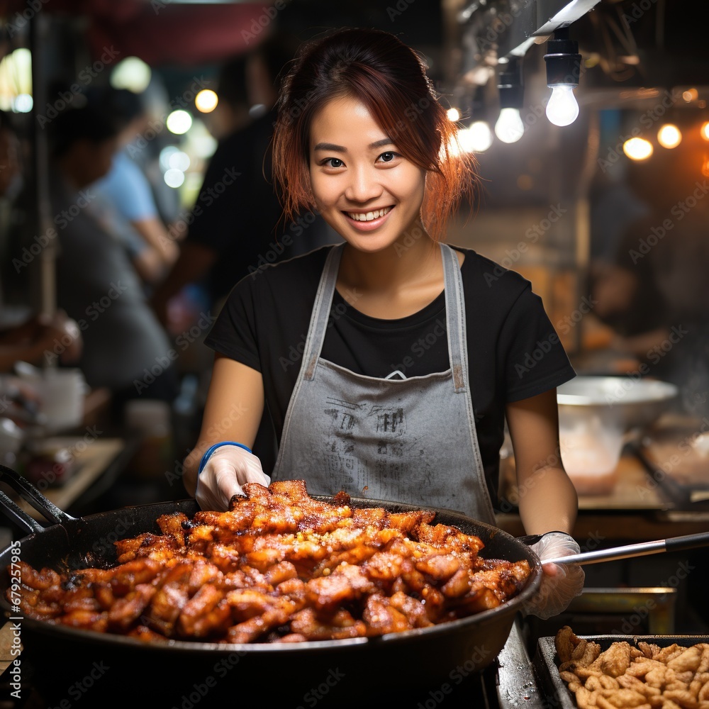 A photo of Asian woman cooking spicy chicken wings at street food market in Bangkok, Thailand Generative AI