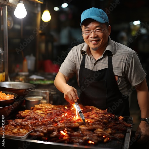 A photo of Asian senior man selling grilled chicken at street food market in Bangkok  Thailand Generative AI