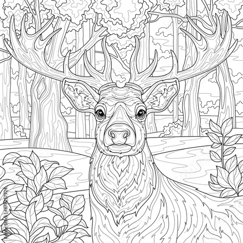Deer in the forest.Coloring book antistress for children and adults. 