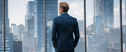 Thoughtful Young Businessman in a Perfect Tailored Suit Standing in His Modern Office Looking out of the Window on Big City with Skyscrapers. Finance Manager Planning Project Strategy.
