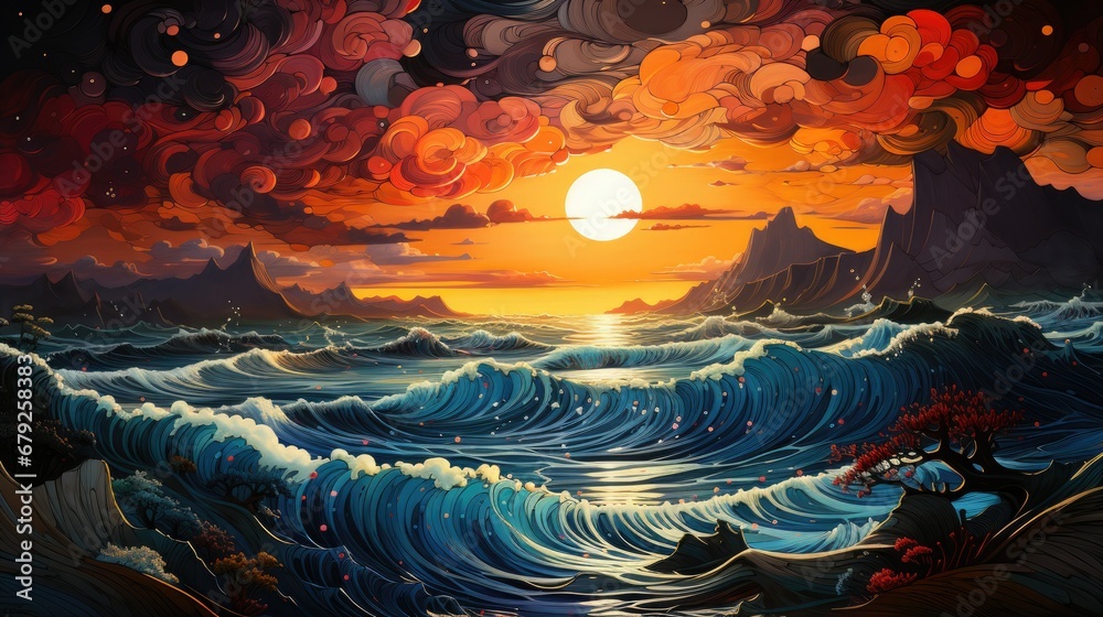 Vivid ocean illustration featuring large curling waves with white caps against a stunning orange sunset, creating a captivating blue and orange contrast.