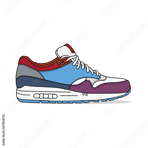 Purple, blue, orange, and white sneakers, outlined and isolated on a white background. Suitable for commercial purposes.