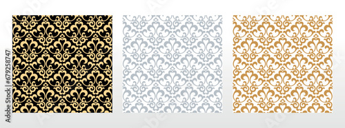 Wallpapers in the style of Baroque. Seamless vector backgrounds. Set of colored floral ornaments. Graphic patterns for fabric, wallpaper, packaging. Ornate Damask flower ornaments