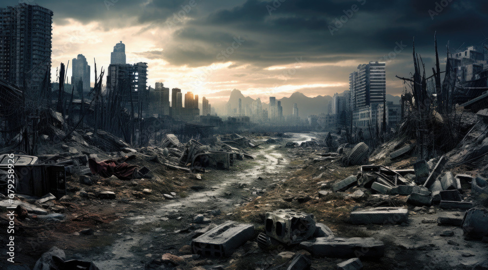 City buildings destructed by earthquake strike. Disaster scene full of debris, dust and crashed buildings. City buildings destructed by earthquake strike. Disaster scene full of debris, dust and crashed buildings.