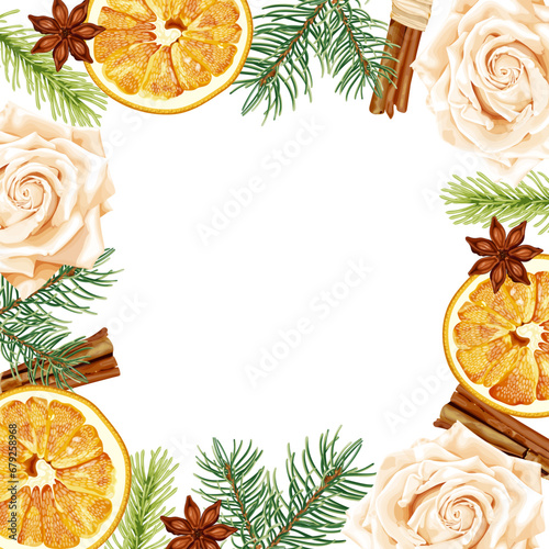 Christmas frame with dried orange and aromatic spices anise, cinnamon cloves, spruce, rose.