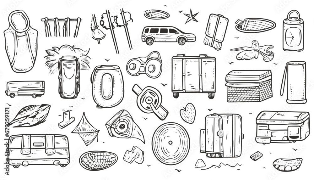 Travel doodle set. Summer vacation, tourism elements in sketch style ...