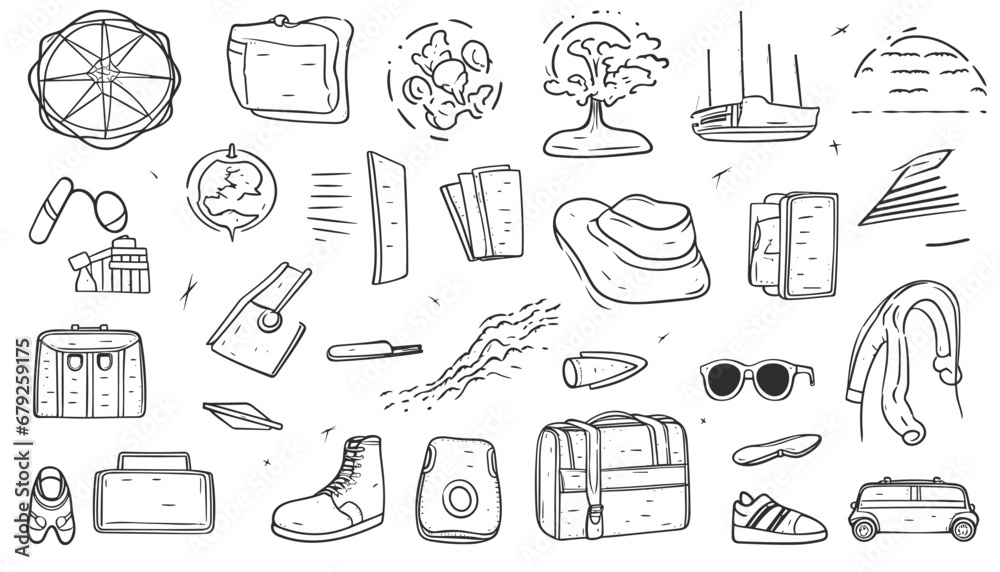 Travel doodle set. Summer vacation, tourism elements in sketch style ...