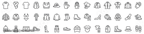 Set of outline icons related to clothes. Linear icon collection. Editable stroke. Vector illustration