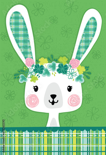A collection of Saint Patricks Day themed graphics, patterns, and illustrations. An adorable March Hare ready to celebrate an early Spring with a garland of clovers