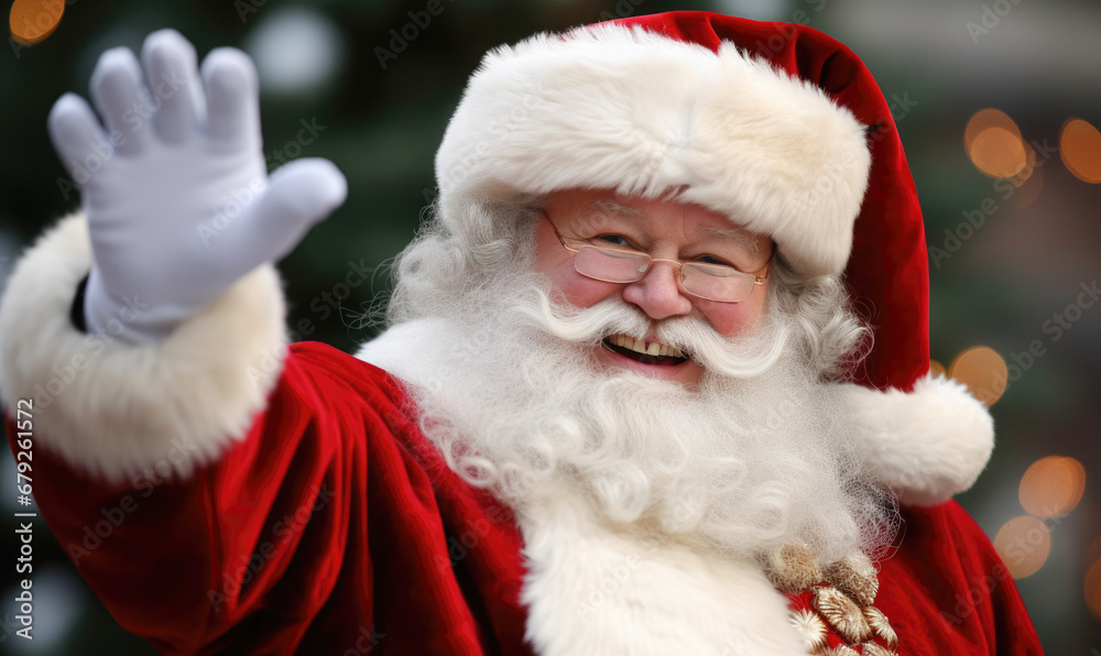 A smiling santa claus waving in the air. A smiling santa claus waving in the air.