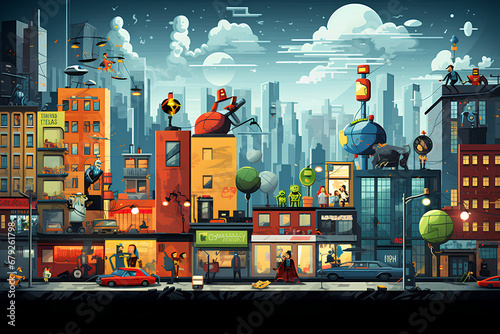 Cartoon Cityscape with Playful Superheroes © Philipp