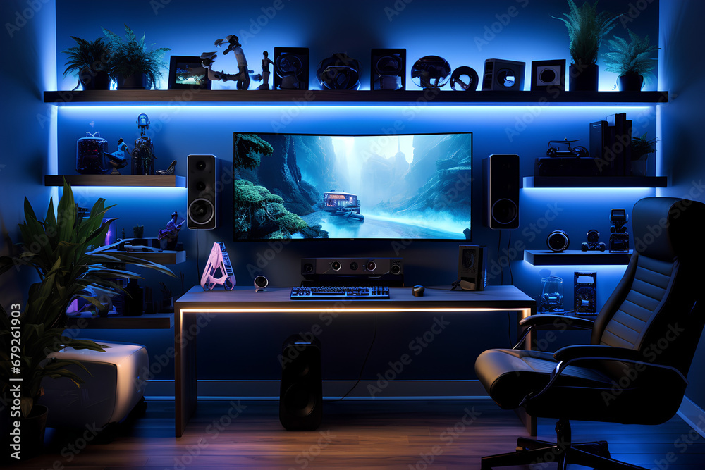 Naklejka premium Console Gaming Setup: Sleek Controllers, Ambient Room Lighting
