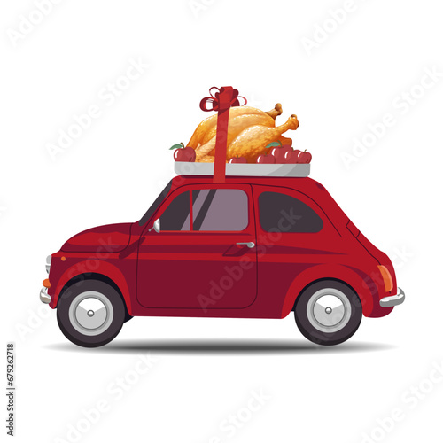  A cooked turkey with a bow is being carried on the roof of a red car. Thanksgiving Day. EPS 10