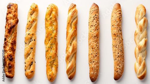 Crispy Grissini, Salted Breadstick, Dry Pretzel, and Isolated Bread Stick on White Top View Background.