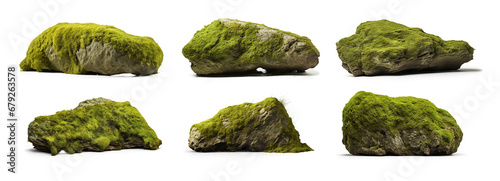 set of realistic nature mossy rocks. stones with moss. isolated on transparent, PNG or white background. collection of overgrown stones for natural garden yard decoration.