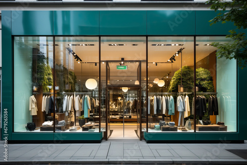 Modern clothing boutique with glass facade teal color  city street view.