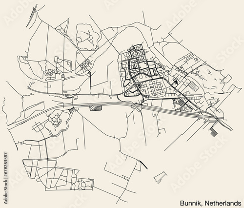 Detailed hand-drawn navigational urban street roads map of the Dutch city of BUNNIK, NETHERLANDS with solid road lines and name tag on vintage background