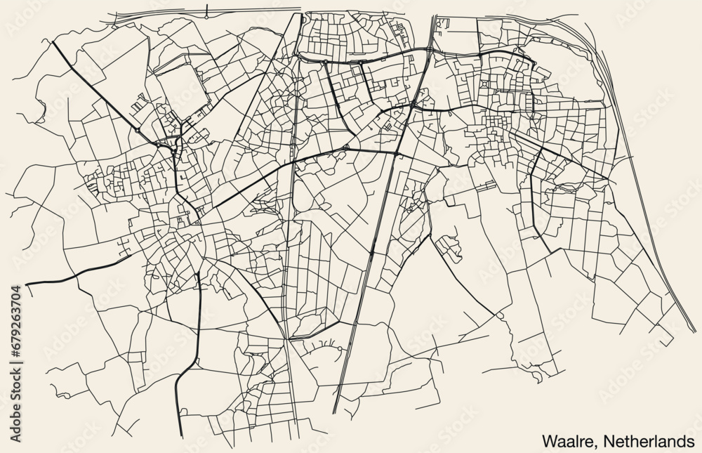 Detailed hand-drawn navigational urban street roads map of the Dutch city of WAALRE, NETHERLANDS with solid road lines and name tag on vintage background