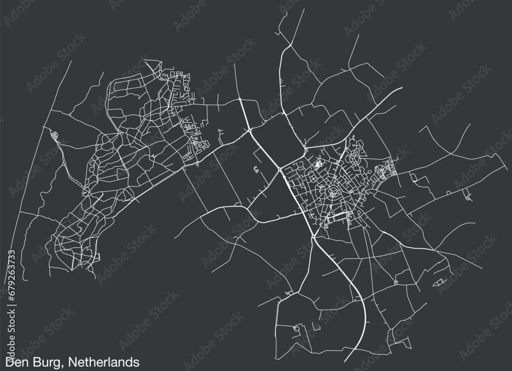 Detailed hand-drawn navigational urban street roads map of the Dutch city of DEN BURG, NETHERLANDS with solid road lines and name tag on vintage background
