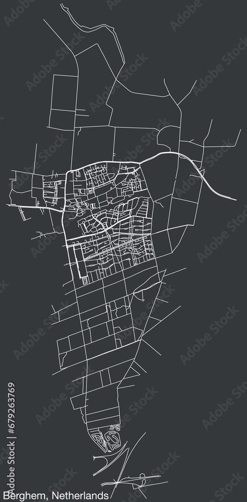 Detailed hand-drawn navigational urban street roads map of the Dutch city of SCHARN, NETHERLANDS with solid road lines and name tag on vintage background