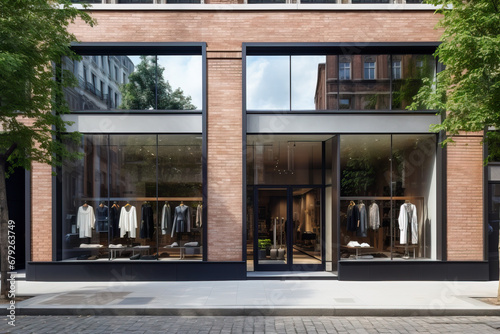 Modern clothing boutique. Brick facade, big windows, city street view.