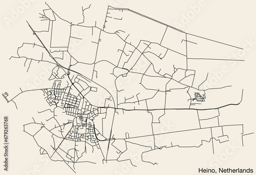 Detailed hand-drawn navigational urban street roads map of the Dutch city of HEINO, NETHERLANDS with solid road lines and name tag on vintage background