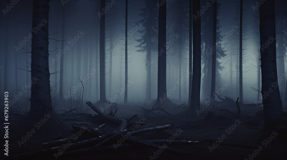 An eerie, foggy, shadowy woodland, evoking a sombre and mysterious air.