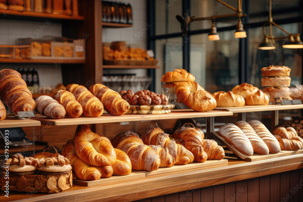 Delicious pastries and breads placed on shelf at bakery shop, various of bread for selling in shop. Delicious pastries and breads placed on shelf at bakery shop, various of bread for selling in shop.