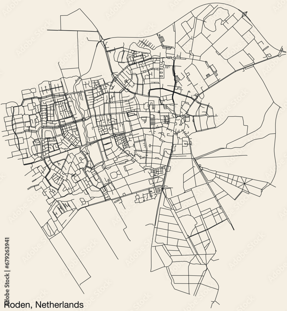 Detailed hand-drawn navigational urban street roads map of the Dutch city of RODEN, NETHERLANDS with solid road lines and name tag on vintage background