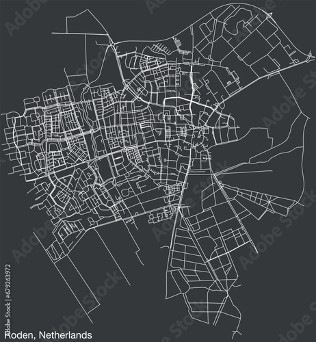 Detailed hand-drawn navigational urban street roads map of the Dutch city of RODEN, NETHERLANDS with solid road lines and name tag on vintage background