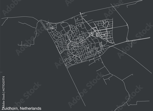Detailed hand-drawn navigational urban street roads map of the Dutch city of ZUIDHORN, NETHERLANDS with solid road lines and name tag on vintage background