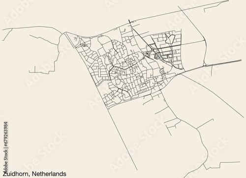 Detailed hand-drawn navigational urban street roads map of the Dutch city of ZUIDHORN, NETHERLANDS with solid road lines and name tag on vintage background