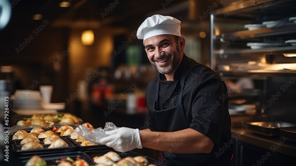 The chef in restaurant kitchen finishes the food ready for delivery in takeaway packages