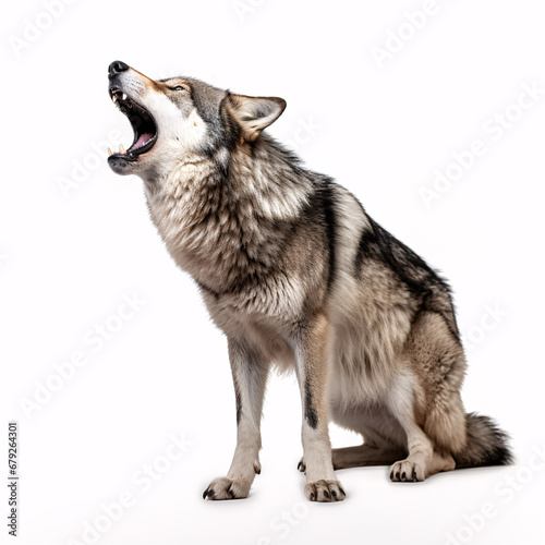 A lone, shrieking grey wolf stands out against a pure white backdrop.