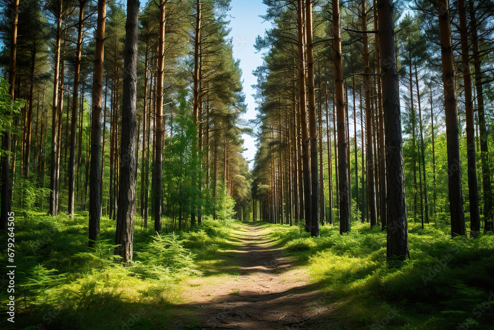 Obraz premium Pine Forest Path. Generative Ai