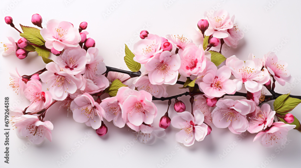 A luscious pink cherry blossom branch isolated on a pristine white background.