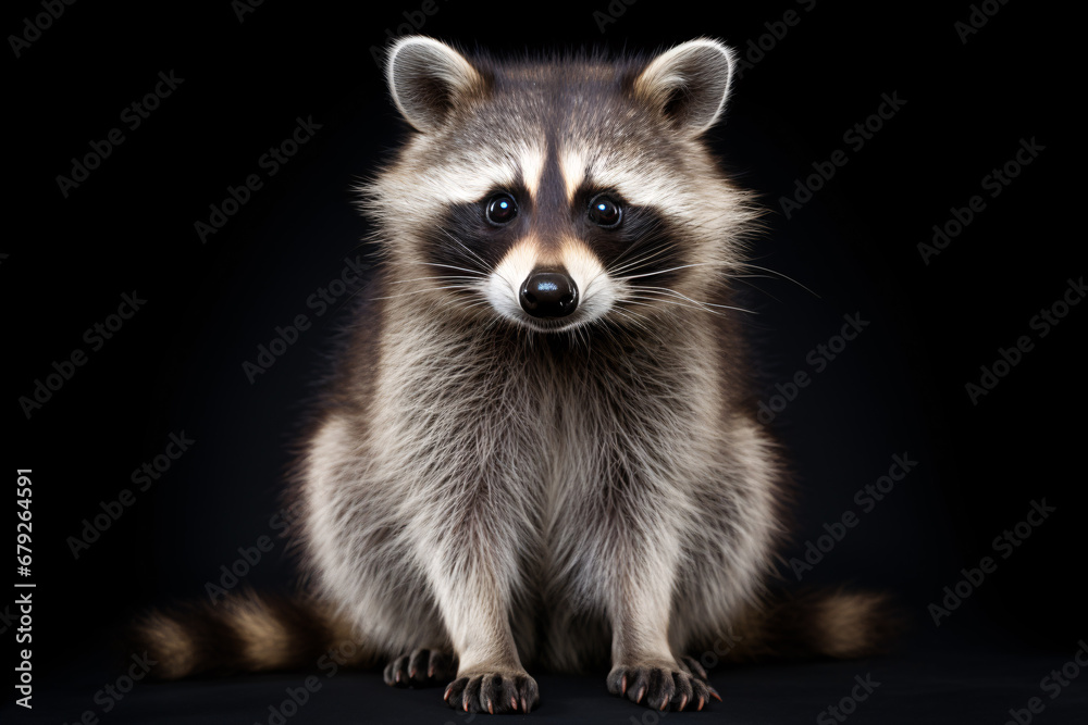 A raccoon stands alone against a dark backdrop.