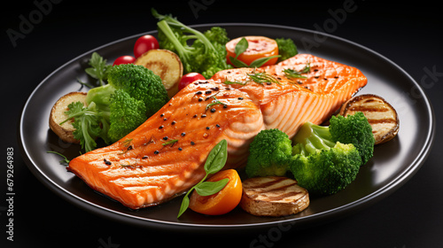 An overhead view of grilled salmon and veggies atop a dark surface.