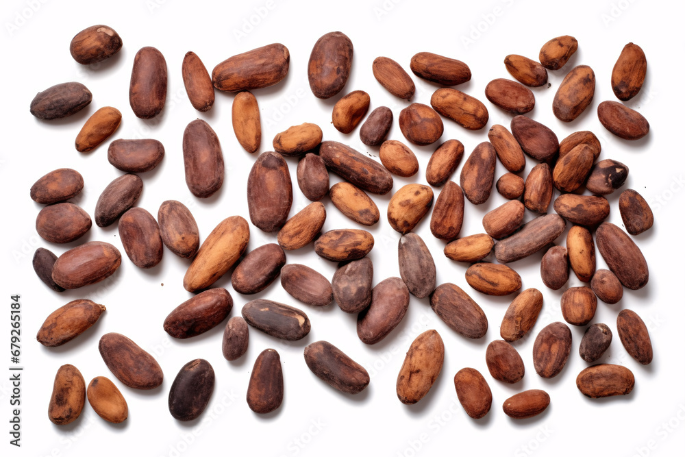Fototapeta premium A top-side view of immature and aged cocoa beans separately on a white backdrop is depicted.