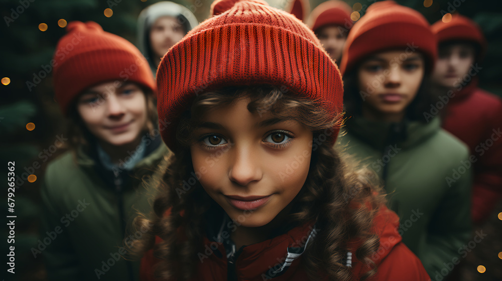 Children - kids - friends - selfie - extreme close-up - low angle shot - Christmas - holiday - festive - winter - black and white with color splash - monochrome - quirky - charming - eccentric 